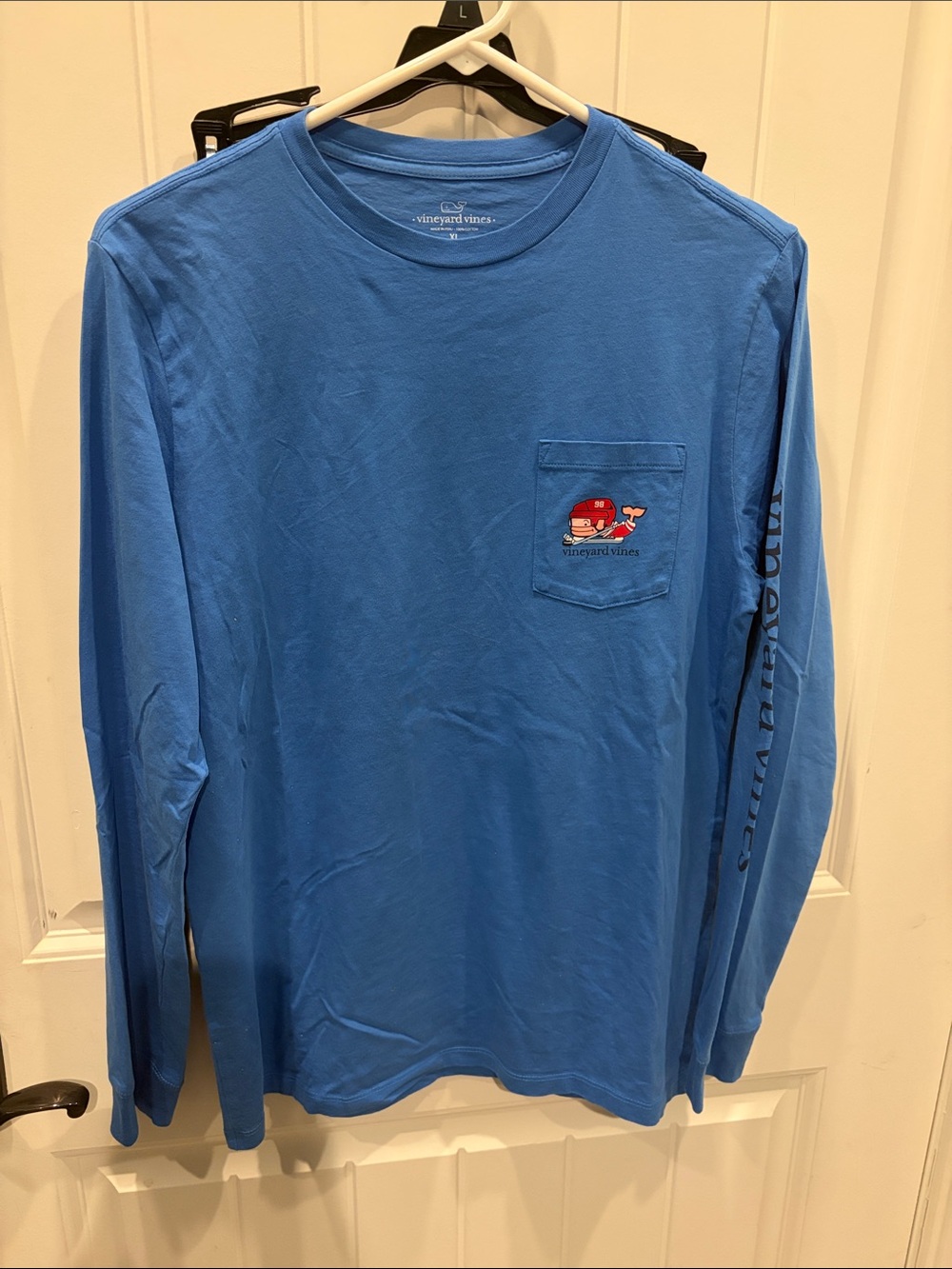 Vineyard Vines boy's Long-Sleeve Pocket Tee in Bright Blue with Whale Patch